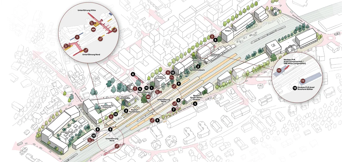 Im Rahmen des Masterplans soll die Unterfühung Mitte begradigt und ausgebaut werden. Man sieht eine Karte des Bahnhofs Wetzikon mit eingezeichneten Bauprojekten.